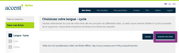Copie écran « Importer des cycles »